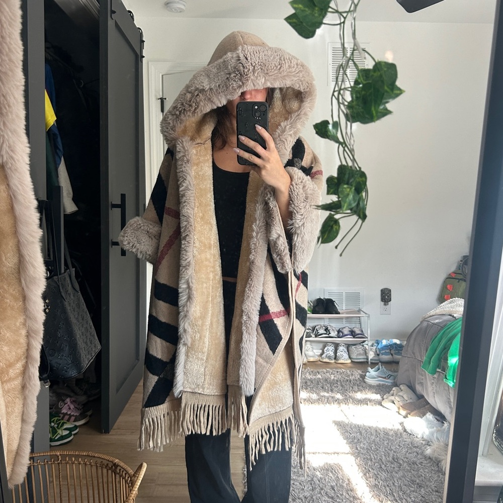 cream heavyweight cozy faux fur burberry plaid hooded poncho sweater